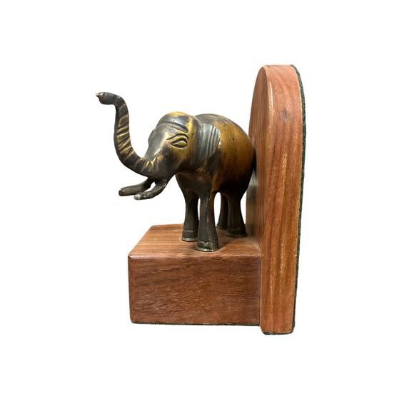 Vintage Single Brass Elephant Bookend Wood Base Trunks Up Made in India - Picture 2 of 8